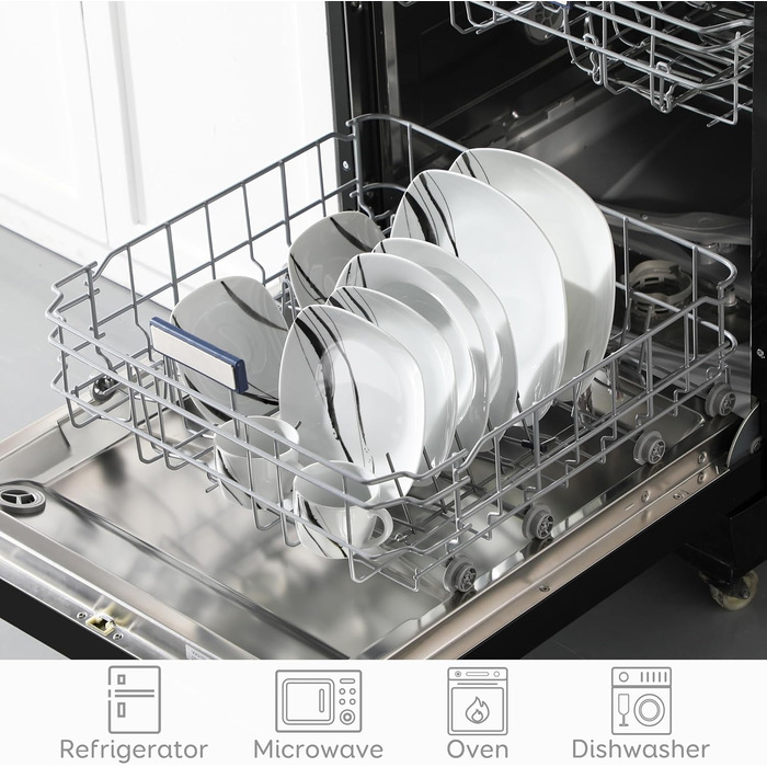 Набір посуду VEWEET FIONA (30 предметів): тарілки та миски для 4 осіб, чорно-сі лінії, для вечері, безпечний у мікрохвильовці та посудомийній машині