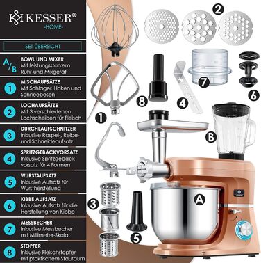 Кухонна машина KESSER 3 в 1 KM 3000 з м'ясорубкою, міксером та соковитискачем, 5.5л чаша, набір аксесуарів для пасти та випічки (мідна)