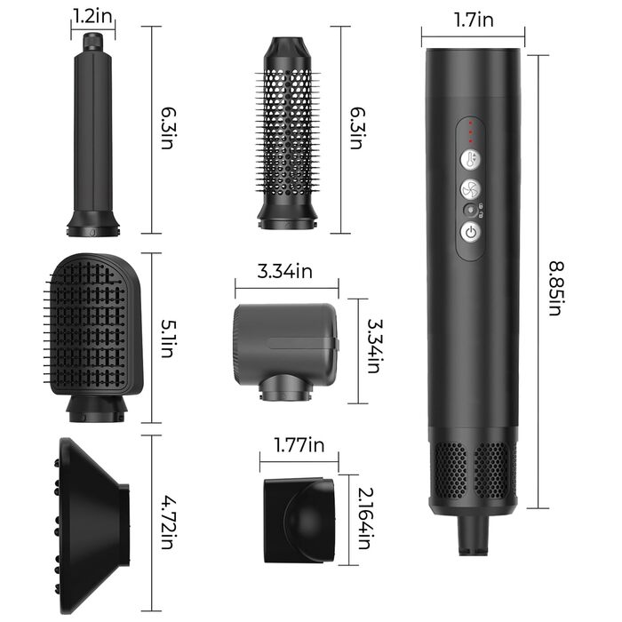 UKLISS Air Styler 7 в 1: Фен-щітка з 7 насадками для сушіння, укладання та об'єму волосся. Іонізація, чорно-срібний