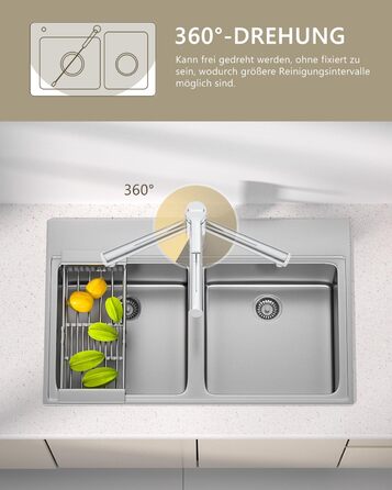 Змішувач кухонний DAYONE з висувною лійкою, нержавіюча сталь, 3 режими, 360° обертання, для кухонної мийки (15 см), матовий (хром, низький вигин-337)