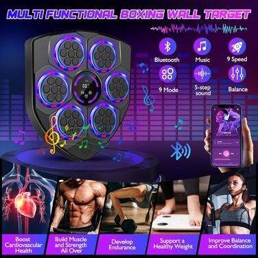Музична боксерська машина Joellfuner з LED-підсвічуванням, 9 швидкостей, 5 рівнів гучності, режим підрахунку ударів, настінна ціль для тренувань у домашньому фітнес-залі