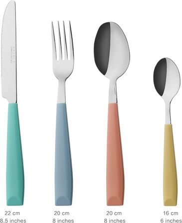 EXZACT 24-Piece Cutlery Set - Stainless Steel with Vividly Colored Plastic Handles - Comfortable to Hold - 6 x Forks, 6 x Knives, 6 x Dinner Spoons, 6 x Teaspoons (Mixed Color x 24)
