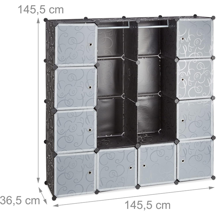 Relaxdays Modular Clothes Rack with 12 Compartments, Large Plastic Wardrobe, 145.5 x 145.5 cm, White (Black)