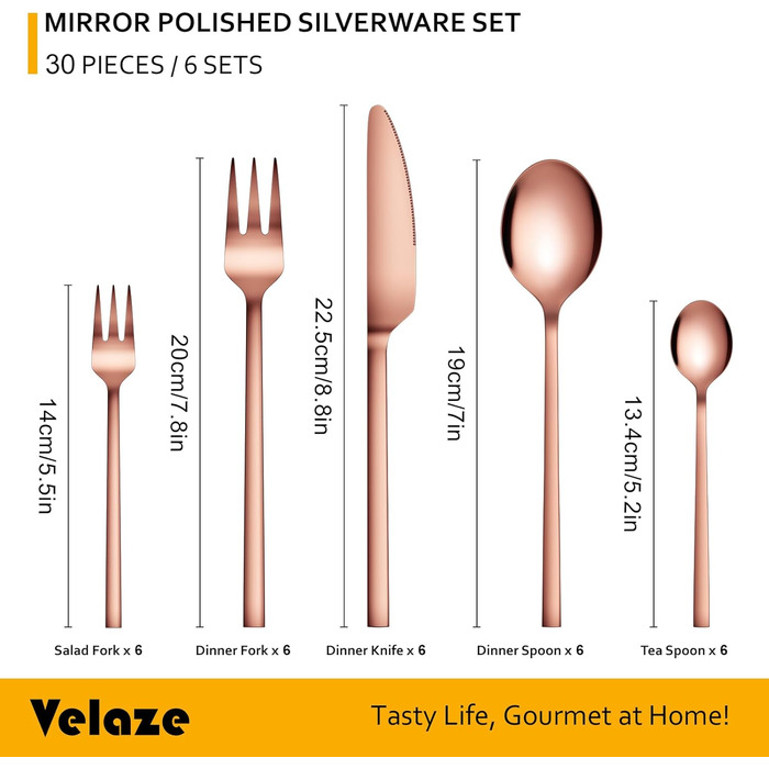 Набір столових приборів Velaze 30 предметів з нержавіючої сталі 18/10 (Rosegold) для 6 осіб