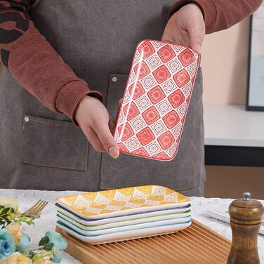 Набір прямокутних тарілок для суші, десертів та закусок - 6 шт. | Порцеляна, 20 x 11 см | Яскраві кольори, безпечні для миття в посудомийній машині