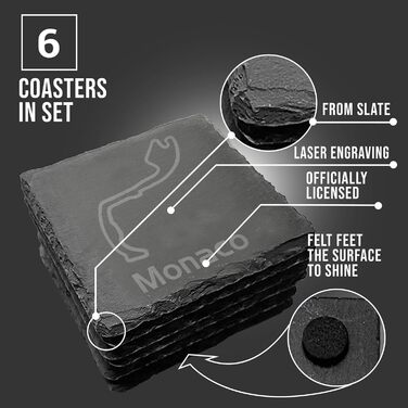 Nürburgring Coasters for Drinks, 6-Piece Set of Slate Coasters, for Home and Dining Room, Decoration, Racing Fans (Monaco)