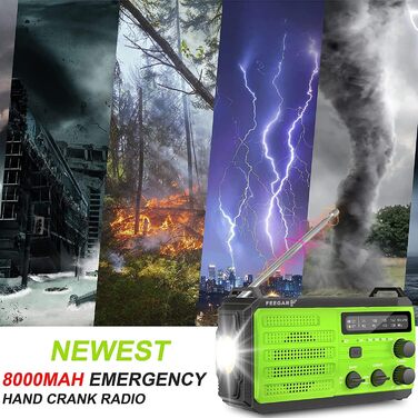 Портативне радіо Feegar Oze 3 Pro з сонячною панеллю та ручним приводом, радіо для надзвичайних ситуацій з AM/FM, 8000mAh, ліхтарик, датчик руху, USB-зарядний пристрій, SOS-сигнал, для кемпінгу