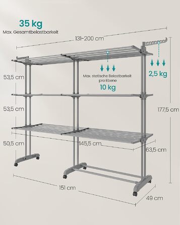 Розсувна сушарка для білизни SONGMICS BUNJI LLR704G01, 4 яруси, з колесами та складаними крилами, сіро-голуба, 63.5 x (131-200) x 177.5 см