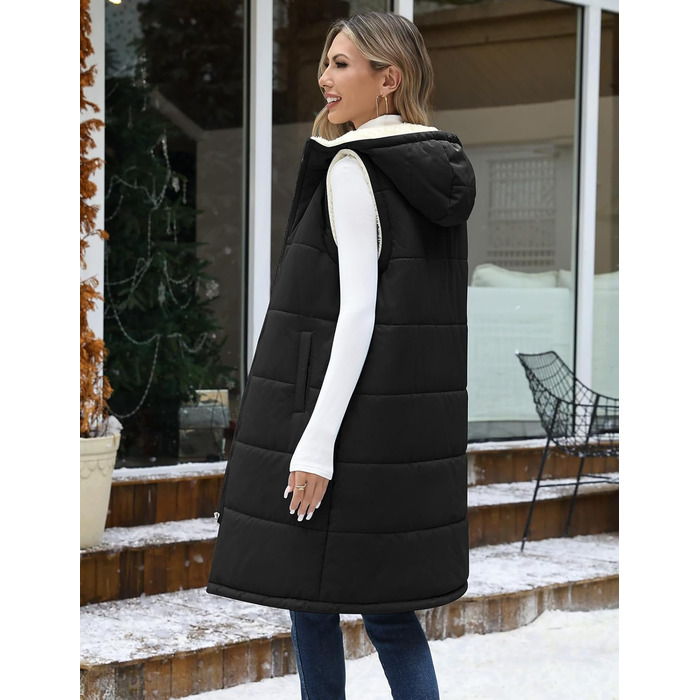 Жіноча довга жилетка Vancavoo з капюшоном на осінь/зиму: степкова, без рукавів, з флісовою підкладкою, тепла, чорна, розмір L