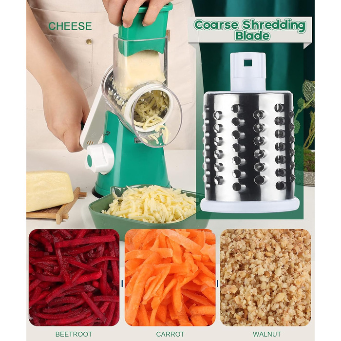 Ручна тертка Ourokhome Rotary: тертка для сиру, овочів, горіхів, картоплі, моркви (3 леза, темно-зелена)