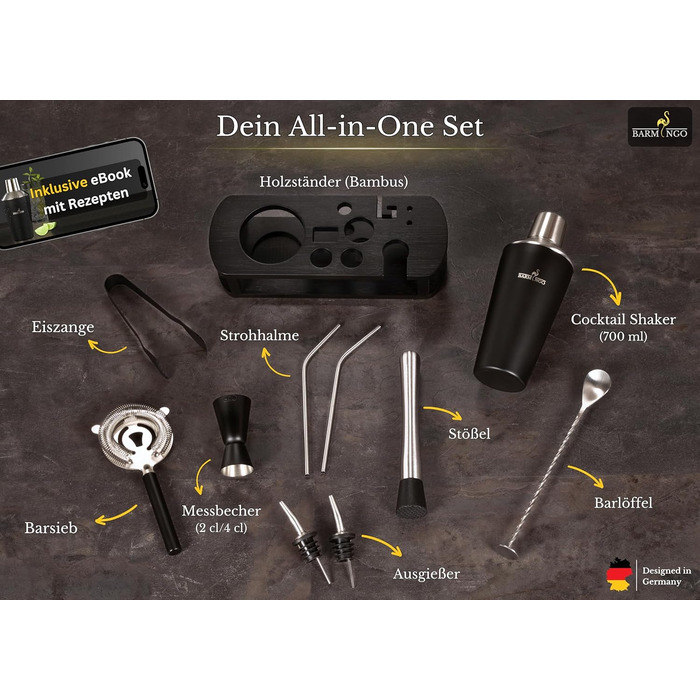 BARMINGO Stainless Steel Cocktail Set - 11 Piece Cocktail Shaker Set with Stand & Bar Accessories | Bartender Set | Cocktail Mixing Set | Bar Set | Gift Set | Black & Silver