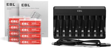 Акумулятори AA EBL 8 шт. 1.5V 3000mWh, перезаряджувані, з зарядним пристроєм M7012, LED дисплеєм, Micro-USB, USB 5V 2A