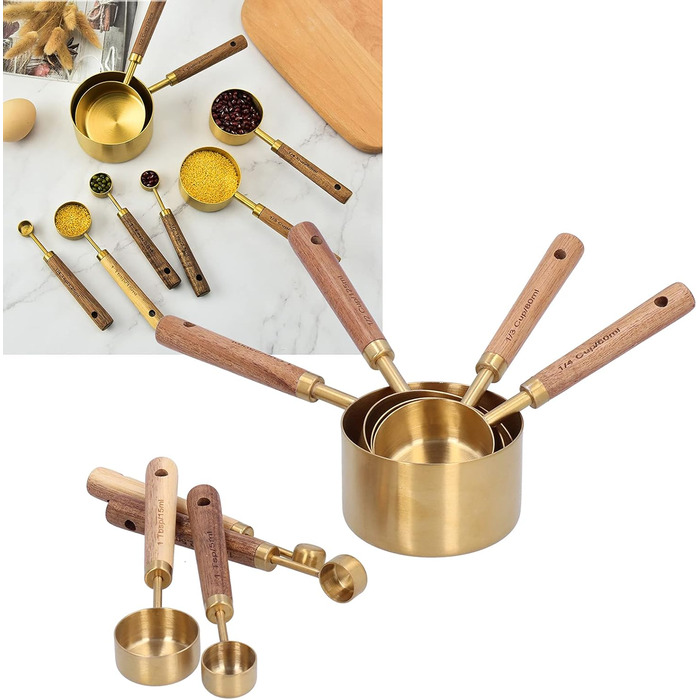 Yomiyuyr Measuring Cup Set and Wood, Stainless Steel, 4 Measuring Cups, 4 Measuring Spoons, for Kitchen Use, Ergonomic Design, 16.2oz