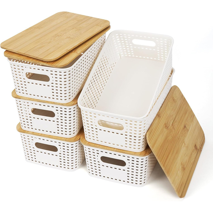 UHAPEER Storage Box with Bamboo Lid, 6 Piece Storage Basket, Plastic Basket Storage, Kitchen Organizer White, Stackable Storage Boxes, Box with Lid 25.6 x 18 x 10.7 cm