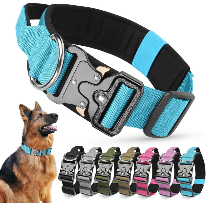 Тактичний нашийник для собак Ledeak з ручкою, регульований, широкий, з м'якою підкладкою, надійний, з металевою застібкою, для дресирування (фіолетовий, синій, L)