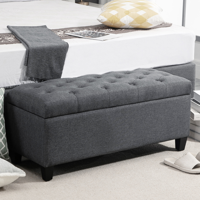 HOMCOM Bench with Cushion and Storage Space, 100 x 40 x 44 cm, Chest Bench made of linen-like Polyester and Rubberwood in Dark Grey