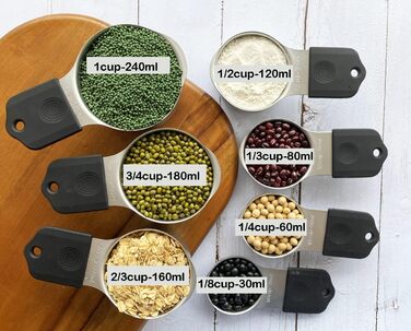 Magnetic kitchen collection of 14 measuring cups and spoons set made of stainless steel for dry and liquid ingredients, dishwasher safe, rust-proof, imperial and metric (black color)