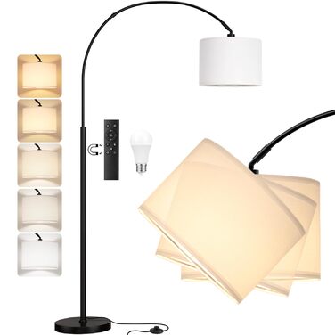 Торшер для вітальні Stehlampe з димером, LED E27, пульт ДУ, 3000K-6000K, бежевий (білий абажур + чорна база). Регульований кут нахилу 350°, висота 180 см.