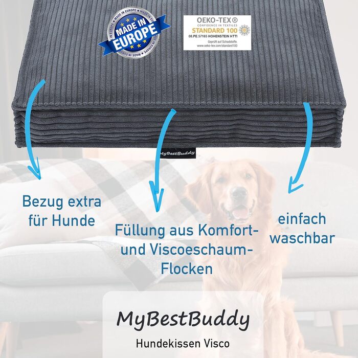 MyBestBuddy Visco Dog Bed Grey 70x50 cm M with POSO-Cord Fabric with Visco Foam and Comfort Foam Flakes, 40°C Washable - Dog Bed/Pet Bed for Small Dogs, 70 x 50 cm