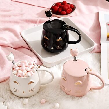 Set of 3 Cat Cups - Cute Ceramic Cat Cups with Lid, Spoon, and Coaster. Cat Coffee Mug for Women, Kids, 380ml. Christmas, Birthday Cat Gift Mug (Black, White, Pink)