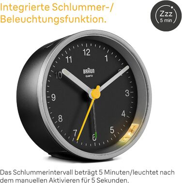 Classic Braun analog alarm clock with snooze function and light, quiet quartz movement, crescendo alarm in black and silver, model BC12SB