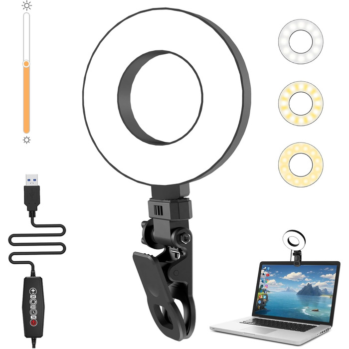 LED кільцева лампа для телефону та ноутбука, світло для селфі з 3 колірними температурами та 5 рівнями яскравості, USB світло для відеоконференцій, Zoom, YouTube, TikTok, макіяжу, фотографії, порожньою конструкцією