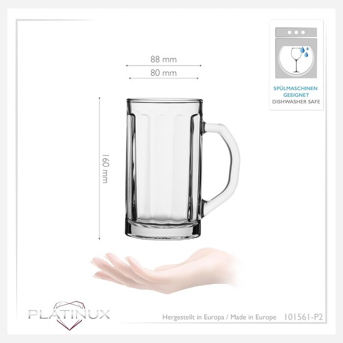 Набір скляних пивних кухлів PLATINUX Bierseidel з ручкою, 6 шт, 300 мл (макс. 350 мл) + 2 кухлі 500 мл, прозорі