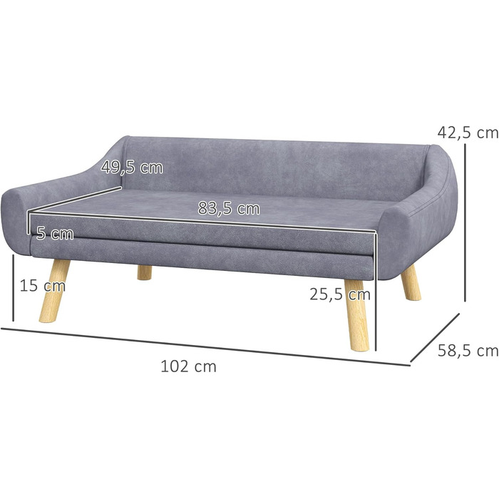 Диван для собак та котів PawHut з підлокітником, сірий, 102 x 58,5 x 42,5 см. З м'якими подушками, для середніх та великих собак