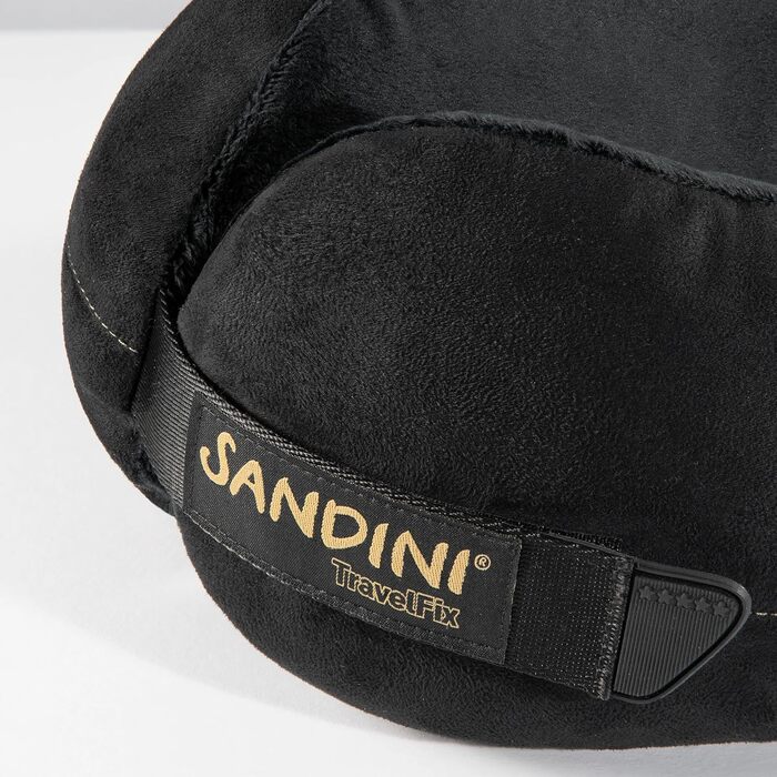 Подушка для подорожей SANDINI TravelFix Premium чорна з велюру: анатомічна підтримка шиї, з транспортним чохлом та кліпсою, виготовлено в ЄС