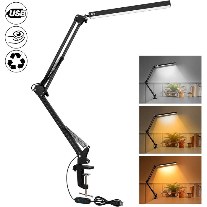 SKYLEO Dimmable Desk Lamp with Clip - Eye Protection LED Desk Light - 3 Modes & 10 Brightness Levels - Black