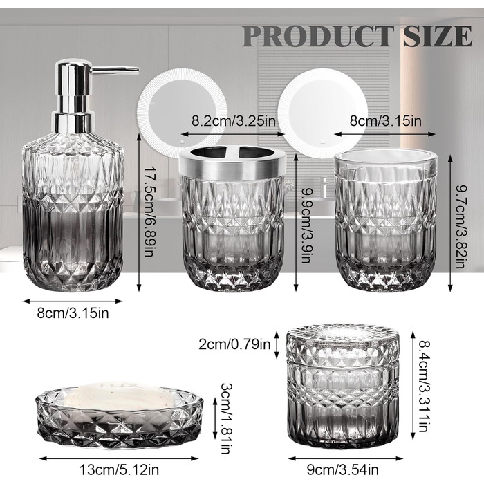 Набір аксесуарів для ванної кімнати Hebaogugu 5 шт., сірий колір, з дозатором мила, мильницею, стаканчиком для зубних щіток, тримачем для зубних щіток та контейнером для ватних паличок.