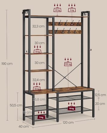 VASAGLE Coat Rack with Shoe Bench, Coat Rack, 5 Shelf Levels made of Particleboard, 9 Triple Hooks, 6 Side Hooks, 40 x 120 x 190 cm, Stone Gray-Ink Black HSR426B04 (Vintage Brown + Ink Black)
