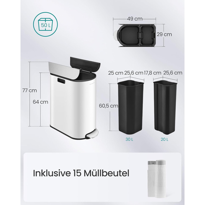 Сміттєве відро SONGMICS для кухні з сортувальником, 30 л + 20 л, 2 відділення, з педаллю, білий + металік срібло