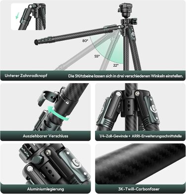 Штатив для камери ULANZI JJ05 GlideGo 184 см з карбону, складаний, з поворотним центральним стовпом, легкий, для DSLR, 360° кульковий голівкою, швидка пластина, вантажопідйомність 18 кг