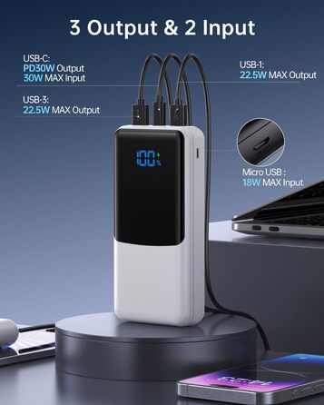 Power Bank Coblob 27000mAh з LED дисплеєм: швидка зарядка 30W USB-C, 3 виходи, 2 входи для смартфонів, планшетів, AirPods та іншого