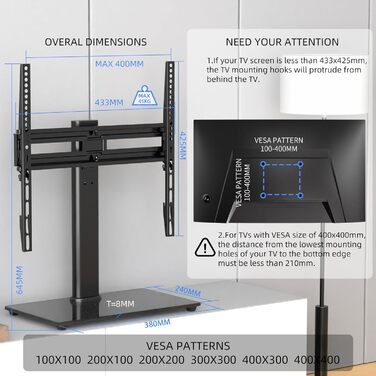Підставка для телевізора Suptek, поворотна, для LED/OLED екранів 26-55 дюймів, до 50 кг, VESA 400x400 мм, TS202