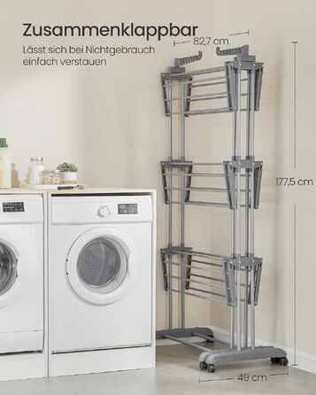 Розсувна сушарка для білизни SONGMICS BUNJI LLR704G01, 4 яруси, з колесами та складаними крилами, сіро-голуба, 63.5 x (131-200) x 177.5 см