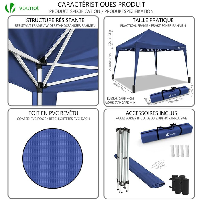VOUNOT® Foldable Gazebo 3x3m, with 4 Sandbags, Pop-Up Gazebo, UV Protection 50+, (Blue)