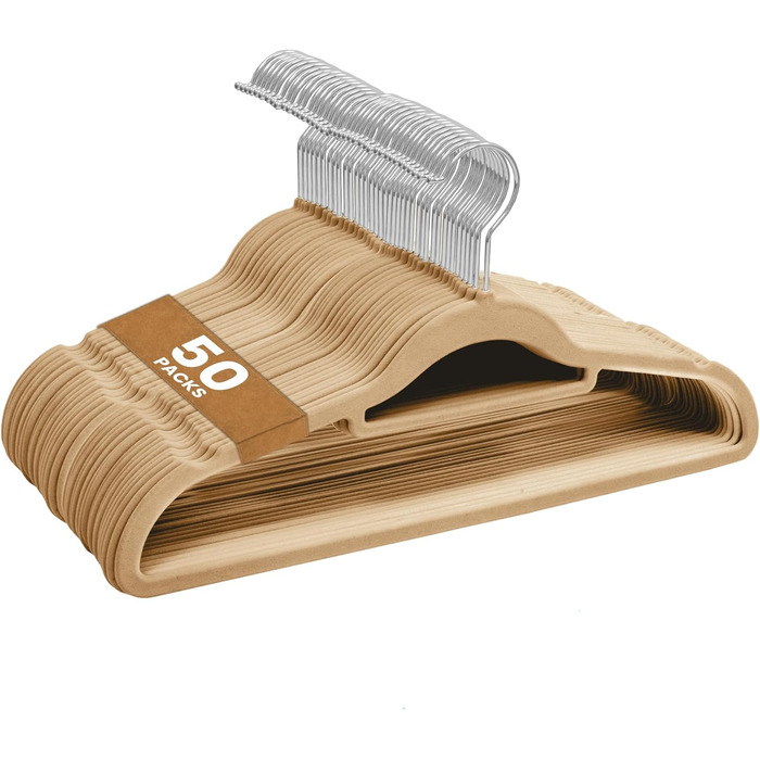 Набір велюрових вішалок для одягу, 50 шт. з органайзером для краваток, обертаються, бежевий колір