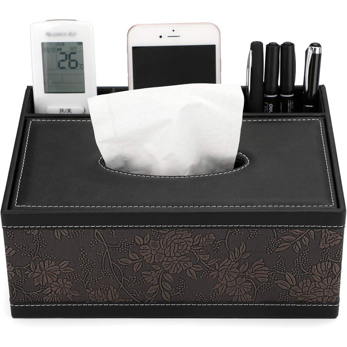 BSTKEY Rectangular Tissue Box Holder made of PU Leather with Remote Control, Storage Box (Black Flower)