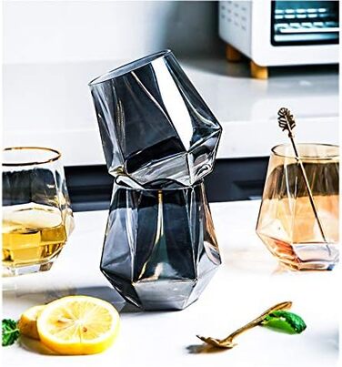 Diamond Whisky Glasses 4-Piece Set, Tilted Scotch Glasses, 300 Ml, Modern Look for Men, Women, Dad, Husband, Friends, Glassware for Bourbon/Rum/Bar Tumbler, Smoke Grey 4