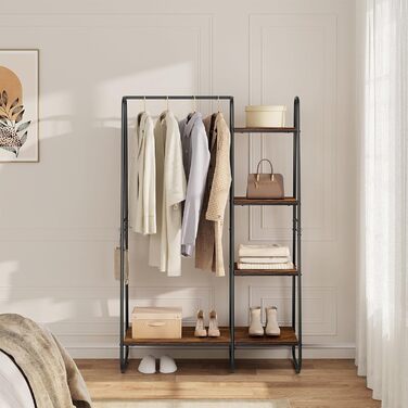 Clothes Rack, Stable Wardrobe, Clothes Rail with 5 Shelves, 6 Hooks, Black Metal Coat Rack, Freestanding Coat Stand