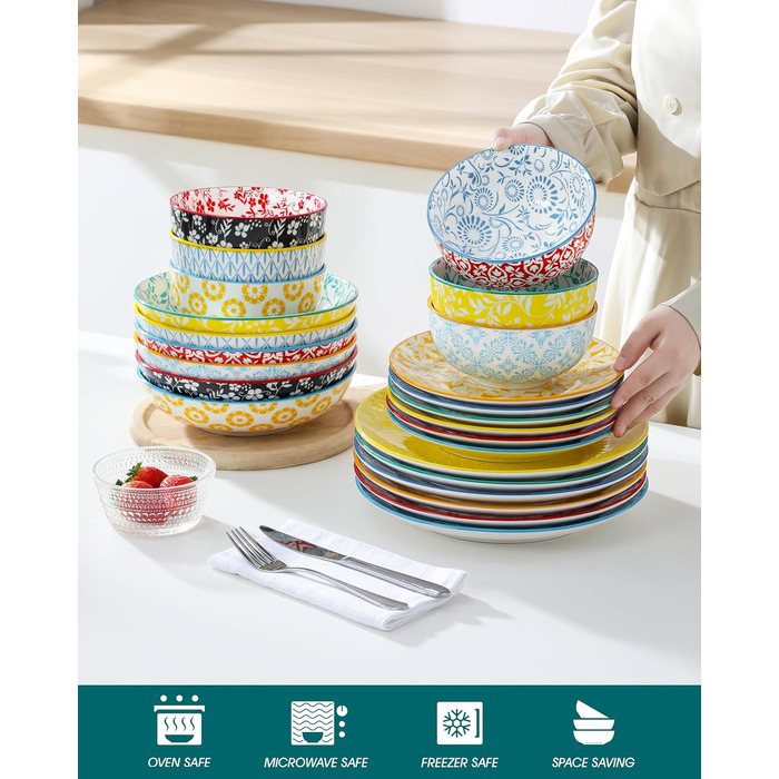 Набір посуду Vancasso Selene на 6 осіб, 24 елементи: тарілки, супові тарілки, миски, десертні тарілки з пастельного порцеляну. Підходить для мікрохвильової печі.