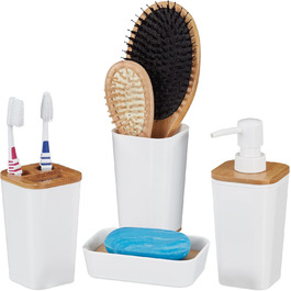 Набір аксесуарів для ванної Relaxdays (4 шт.), сучасний дизайн, зубний стакан, мильниця, дозатор мила, пластик & бамбук, білий, 17,5 x 7 x 7 см