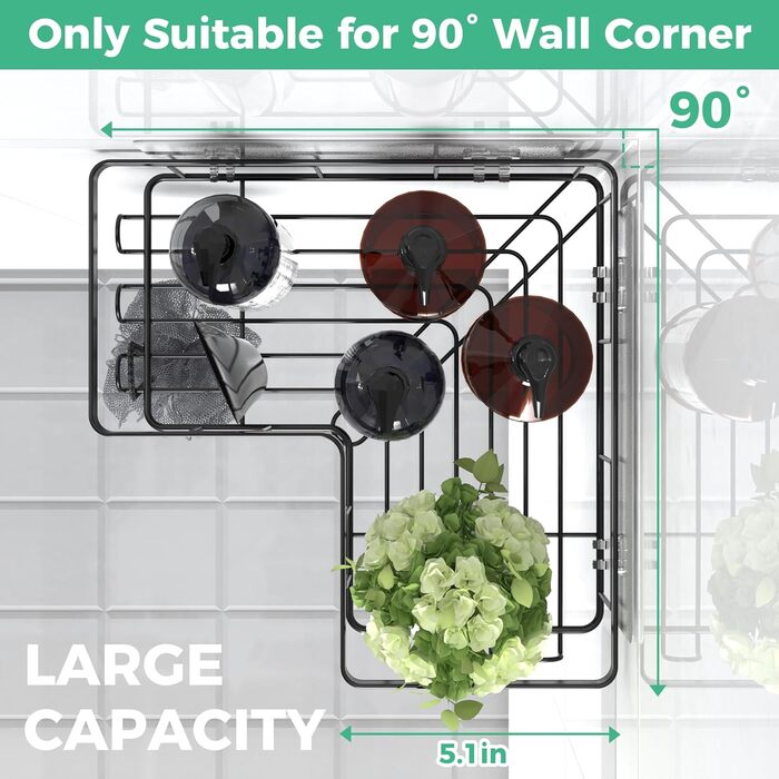 Дзеркальна поличка для душу без свердління, 2 шт. Органайзер для ванної кімнати з 8 гачками, швидковисихаюча поличка для душу, велика місткість, міцна підставка для шампуню (Чорний). 2 шт. Дзеркальна поличка для душу прямокутна (3 шт. куткова поличка для 