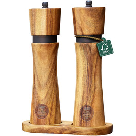 ninetyfive® Wooden Pepper Mill Set | Salt and Pepper Mills + Acacia Wood Coaster and Funnel Spoon | Spice Grinders with Ceramic Grinder (21cm) | High-Quality Gift Packaging