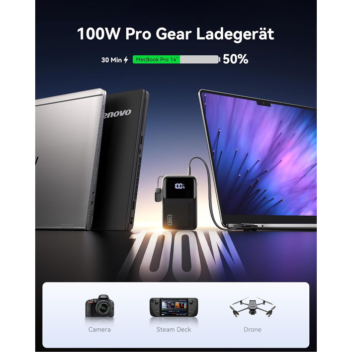 Портативний зарядний акумулятор INIU 100W 25000mAh з USB-C, для ноутбуків, телефонів, iPad, DJI, iPhone, в похід, у подорож, чорний