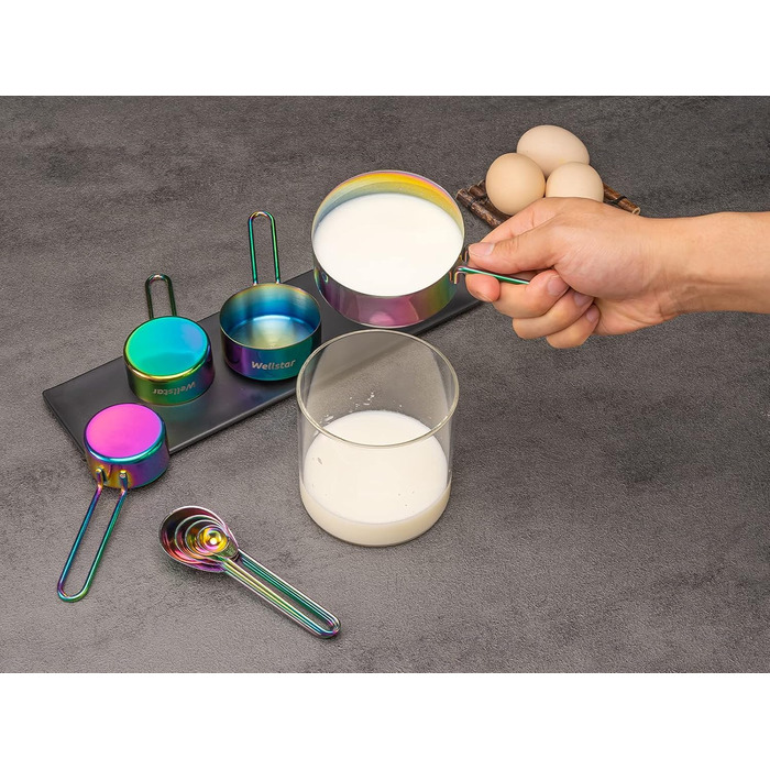 WELLSTAR Measuring Cups and Spoons Set, 4 Measuring Cups & 4 Measuring Spoons, with Stainless Steel Handles for Kitchen Cooking Baking, 8-Piece Set, Measuring Spoon Set for Dry and Liquid Ingredients
