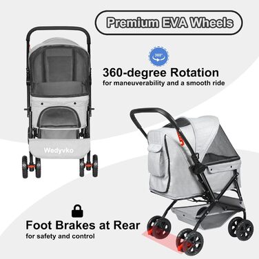 Візок для собак Wedyvko до 20 кг, 4 колеса, складний, для маленьких та середніх собак та котів, з кошиком для зберігання та тримачем для напоїв (сірий)