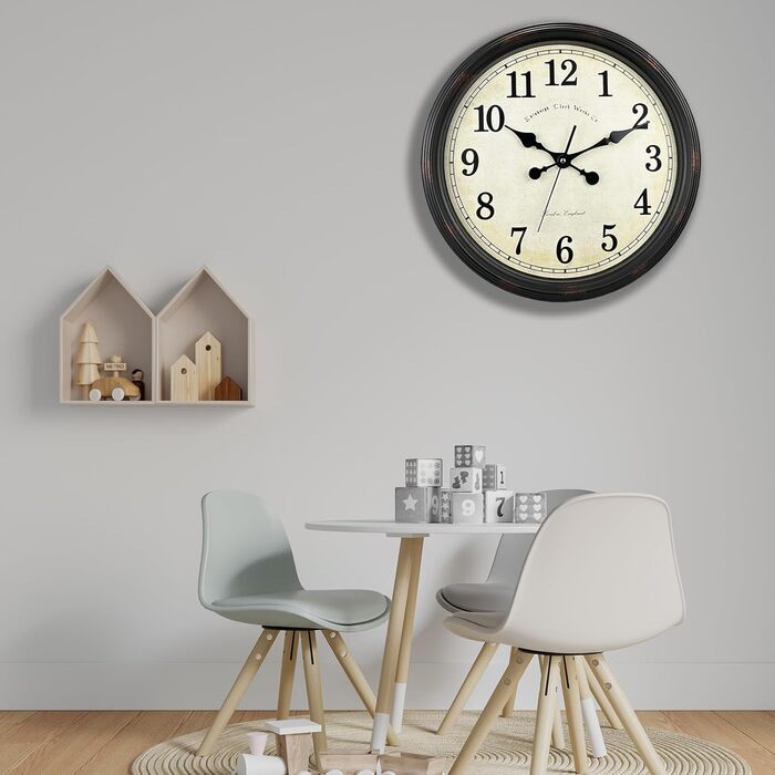 DIYZON Round Classic Wall Clock, Silent Non-Ticking, 40 cm High-Quality Quartz Vintage Clock, Large Number Retro Decorative Clock, Battery-Powered, Easy to Read for Home, Kitchen, Dining Room
